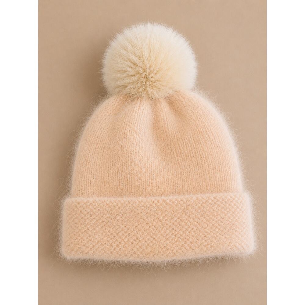 Women’s Blush Pink Fuzzy Knit Beanie Hat Faux Fur Pom Pom Soft Winter Cap